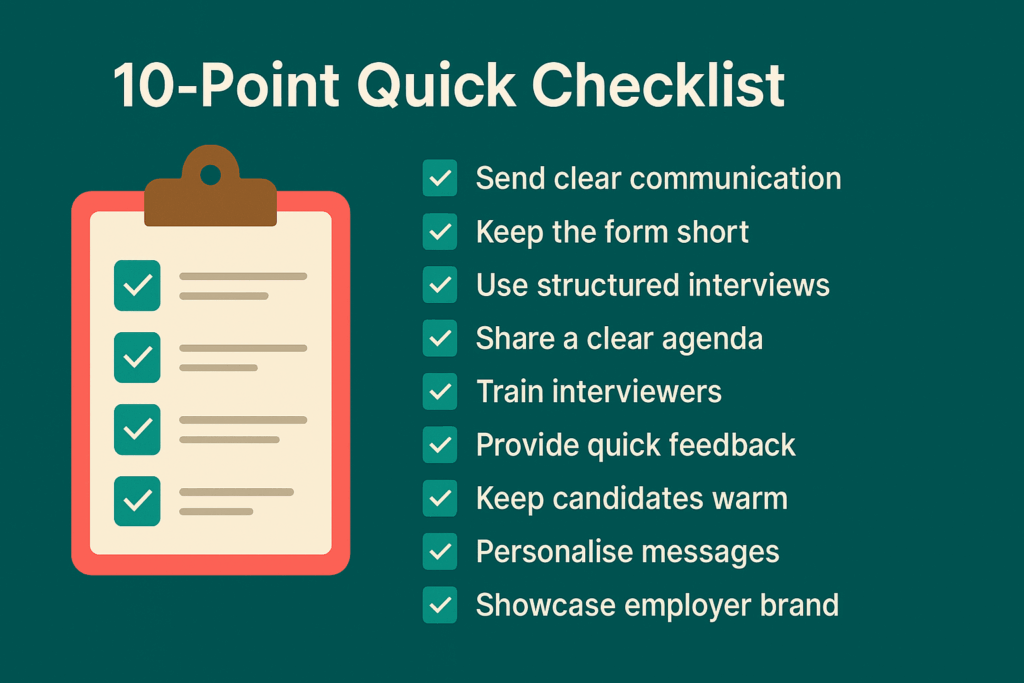 HR recommendations to improve candidate experience — such as clear communication, structured interviews, quick feedback, personalised messages, and strong employer branding.
