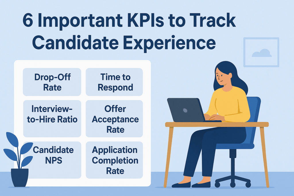 Six important candidate experience KPIs displayed in a clean grid — including drop-off rate, response time, and offer acceptance rate