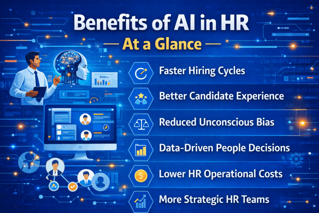 Benefits of ai in hr at a glance highlighting faster hiring cycles, better candidate experience, reduced bias, data-driven people decisions, and HR automation using artificial intelligence.