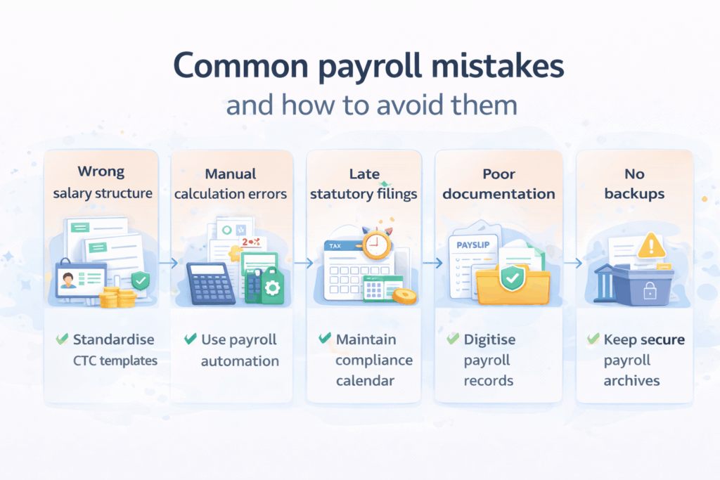 Common payroll mistakes including wrong salary structure, manual calculation errors, late filings, poor documentation, and no payroll backups