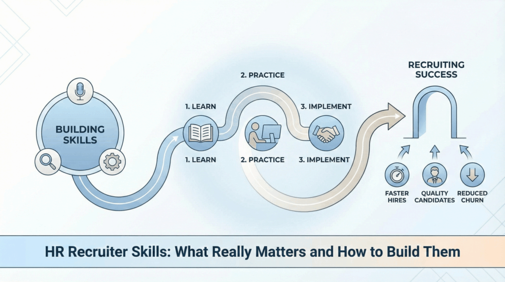 Recruiter skills displayed with candidate profiles, evaluation sheets, and hiring tasks on a workspace.