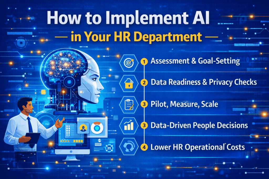 How to implement AI in HR Department step-by-step: goal setting, data readiness and privacy checks, pilot and scale approach, and upskilling through an ai in hr course.