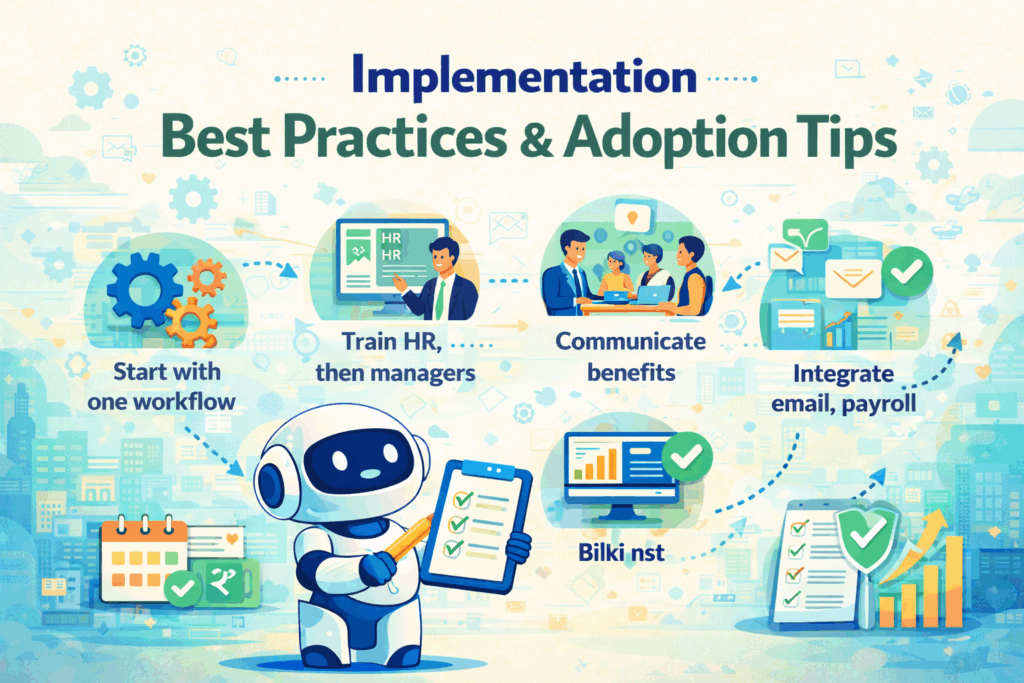 Implementation best practices and adoption tips for HR tools and HR apps including training, integrations and workflow rollout