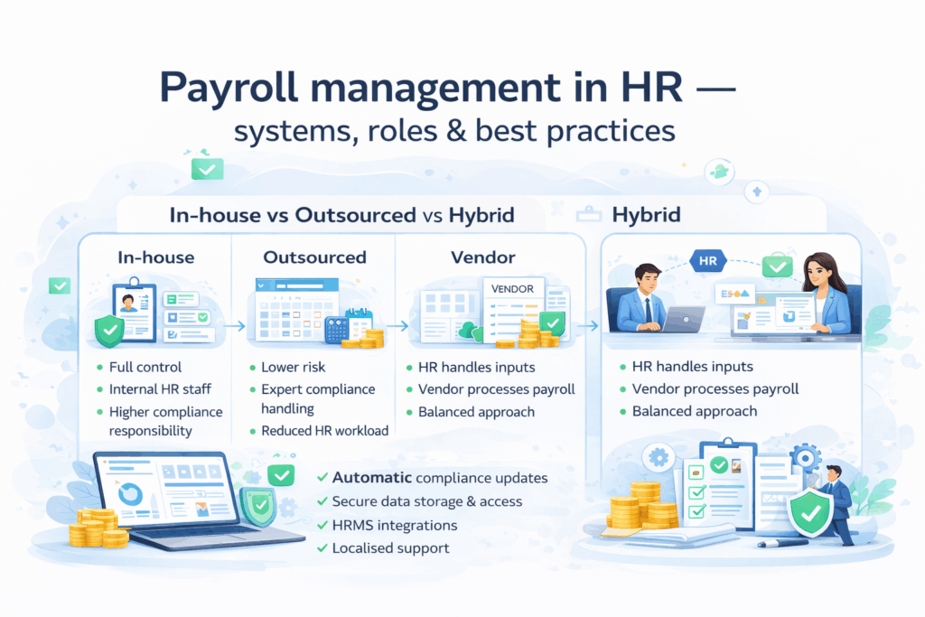 Payroll management in HR illustrating in-house, outsourced, and hybrid payroll models with compliance controls and HR systems