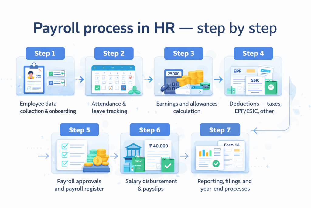 Payroll process in HR shown step by step from employee onboarding and attendance tracking to salary disbursement and statutory reporting