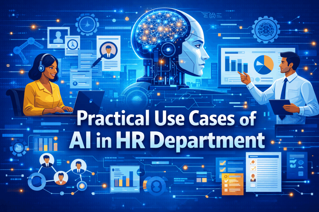 Practical use cases of ai in hr illustrating artificial intelligence for talent sourcing, resume screening, interview automation, and HR analytics in a modern AI in HR Department.