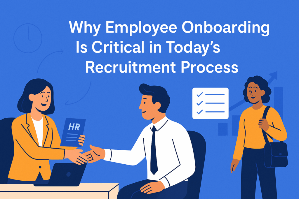 Recruitment process and employee onboarding showing HR recruiter connecting hiring to onboarding programs for a smoother employee onboarding experience.