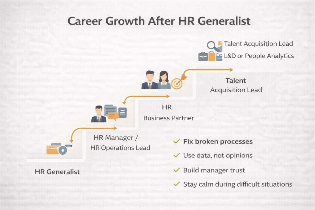 Career growth after HR generalist role showing progression to HR manager, HR business partner, talent acquisition lead, and people analytics careers.