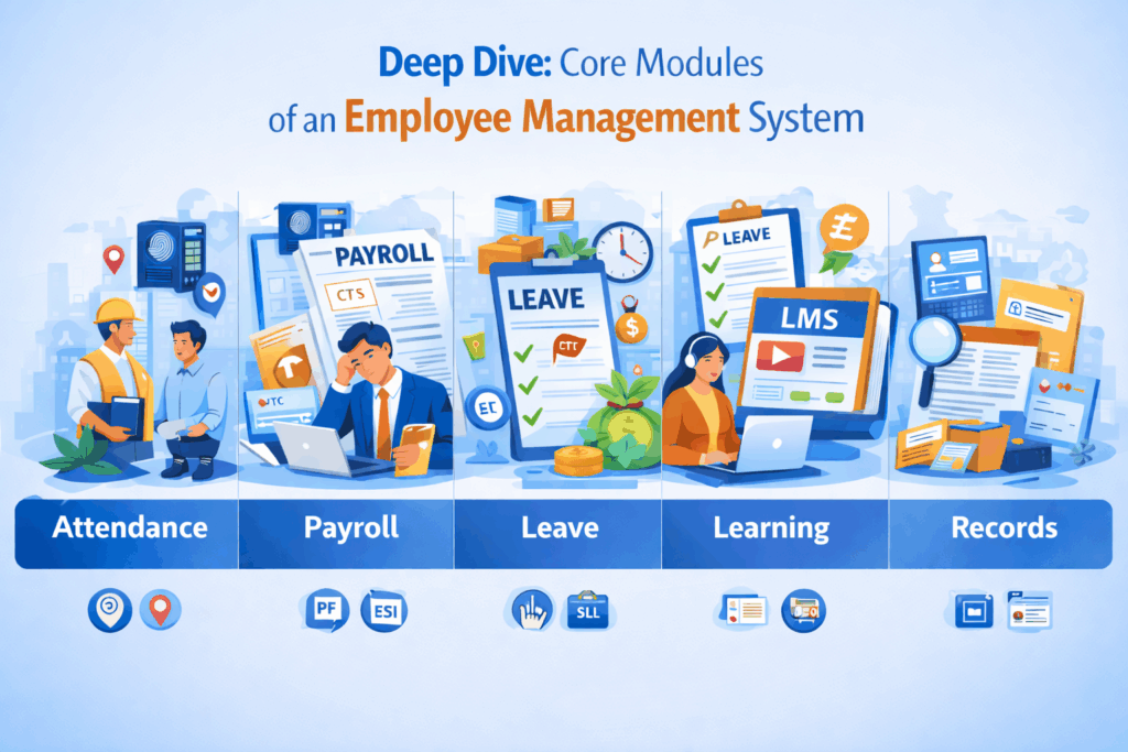 Core modules of an employee management system including attendance, payroll, leave, learning management system and employee records