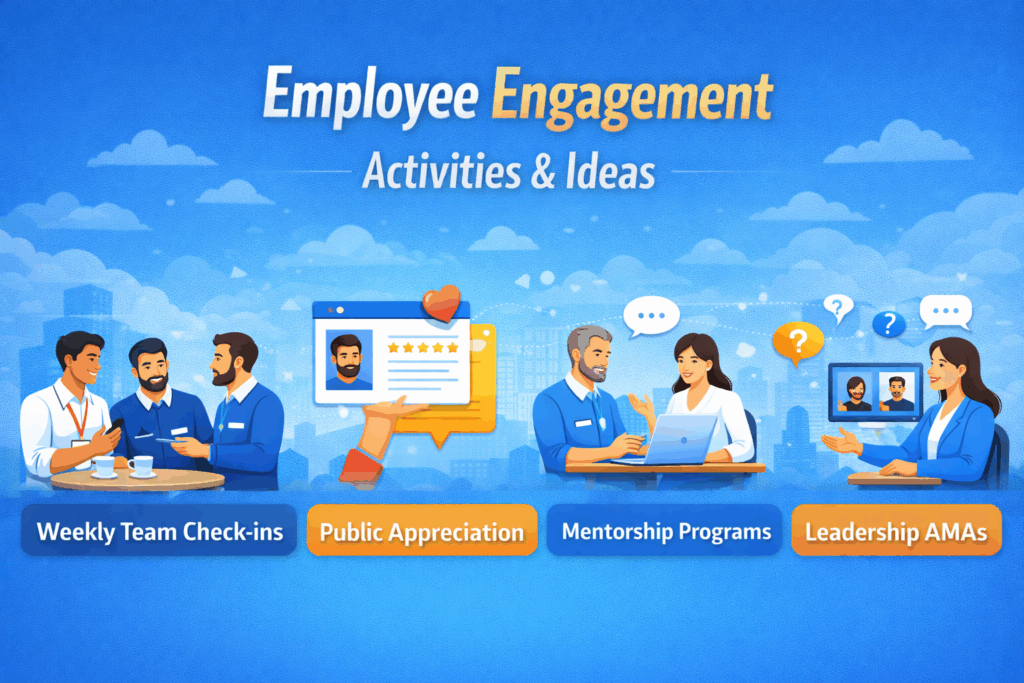 employee engagement activities and ideas like weekly team check-ins, public appreciation, mentorship programs, and leadership AMAs to improve workplace engagement.