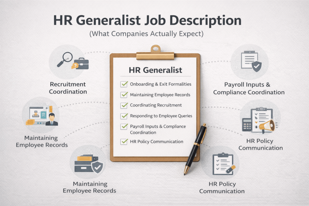 HR generalist job description showing real responsibilities companies expect, including recruitment coordination, employee records, payroll inputs, compliance support, and HR policies.
