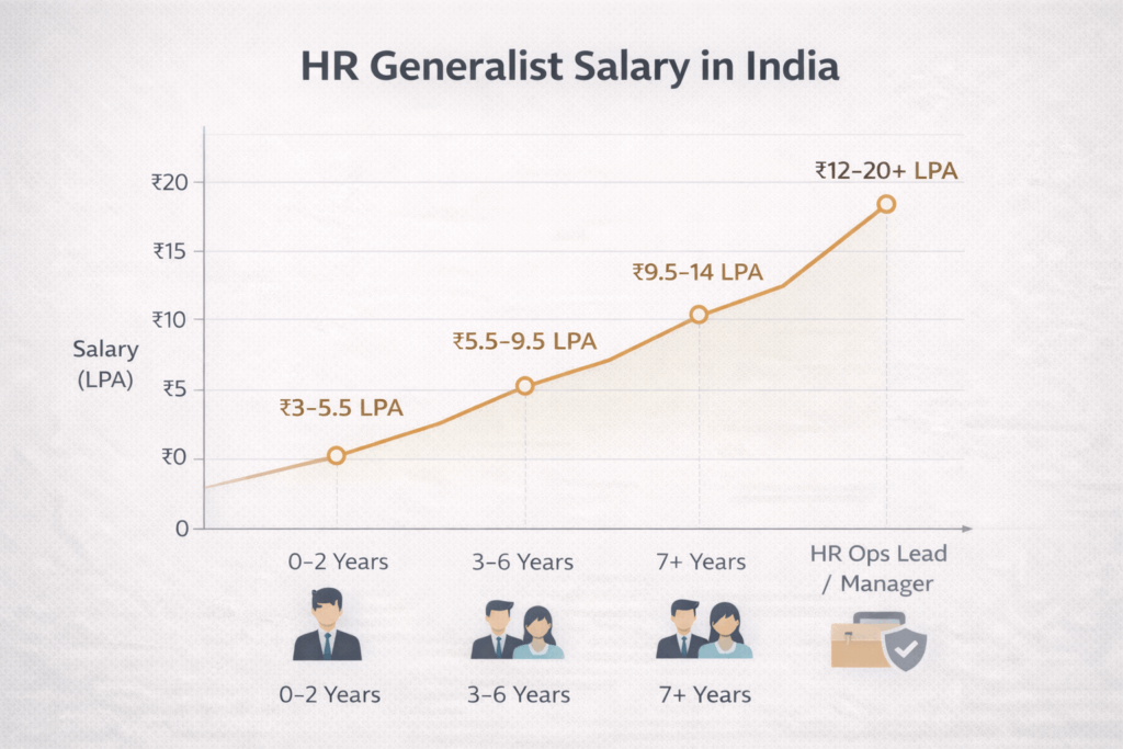 HR generalist salary in India by experience level, showing career growth from entry-level HR roles to HR operations lead and manager positions.