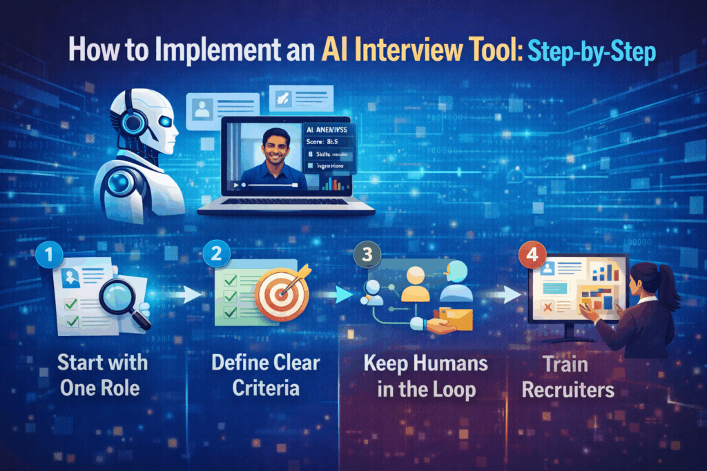 how to implement an AI interview tool, from selecting one role and defining criteria to keeping humans involved and training recruiters effectively.