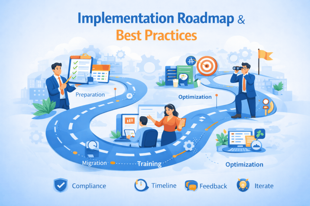 Implementation roadmap for employee management system showing preparation, data migration, training and optimisation stages