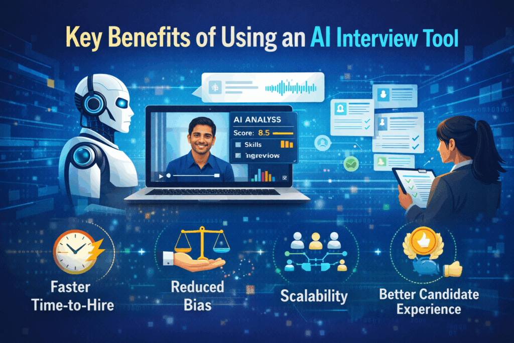 he key benefits of an AI interview tool, including faster time-to-hire, reduced bias, scalable hiring, and improved candidate experience, with AI and recruiter working together.