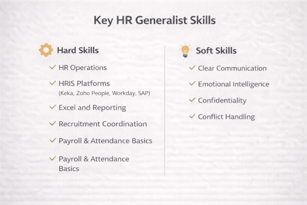 Key HR generalist skills including HR operations, recruitment coordination, payroll basics, communication skills, emotional intelligence, confidentiality, and conflict handling.