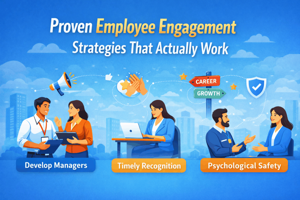 proven employee engagement strategies such as manager development, timely recognition, career growth, and psychological safety in the workplace.