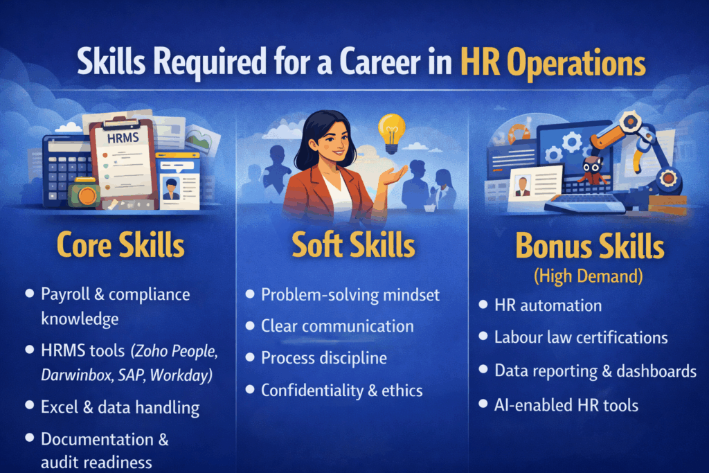 skills required for a career in HR operations, including payroll and compliance knowledge, HRMS tools, communication skills, HR automation, and data reporting skills