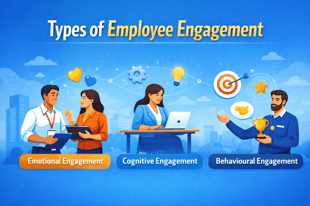 Visual representation of types of employee engagement including emotional, cognitive, and behavioural engagement, showing employees feeling connected, focused, and actively contributing at work.