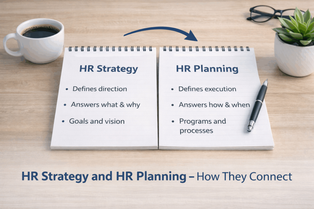 the connection between HR strategy and HR planning, focusing on their complementary roles.