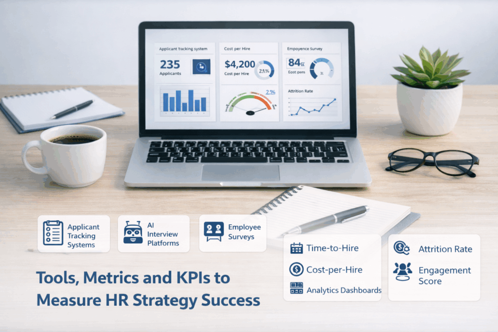 Key tools, metrics, and KPIs used to evaluate the success of an HR strategy.