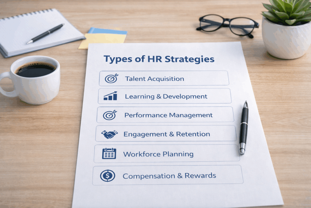 Overview of different types of HR strategies with key categories and their roles in HR management.
