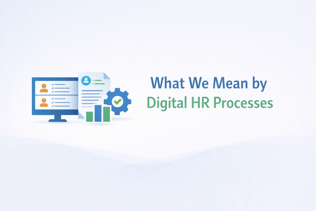 digital HR processes, showing HR software, employee data, automation tools, and analytics working in one connected system.