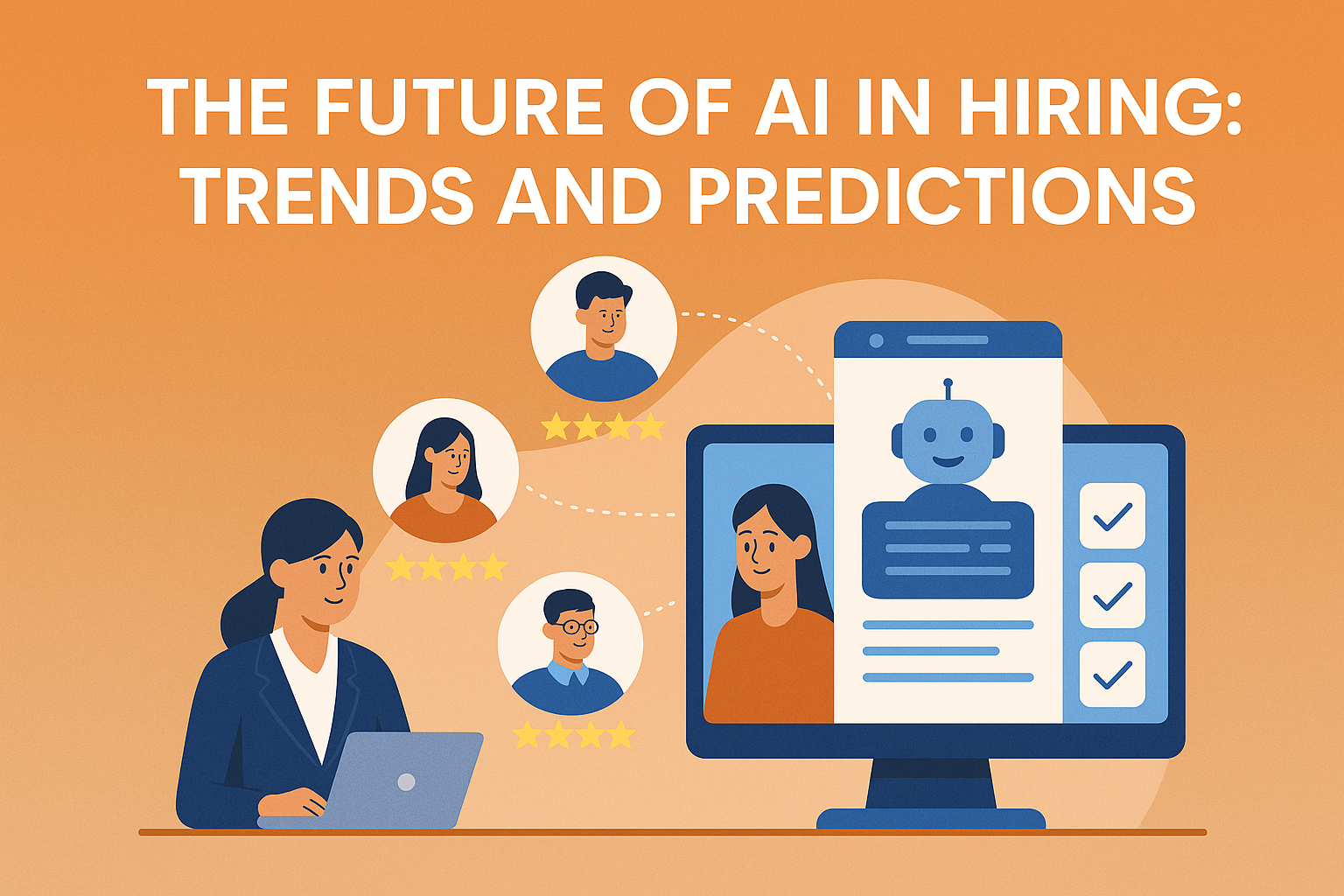 Future of AI in hiring illustration with HR analytics, AI tools, and automated interview scoring