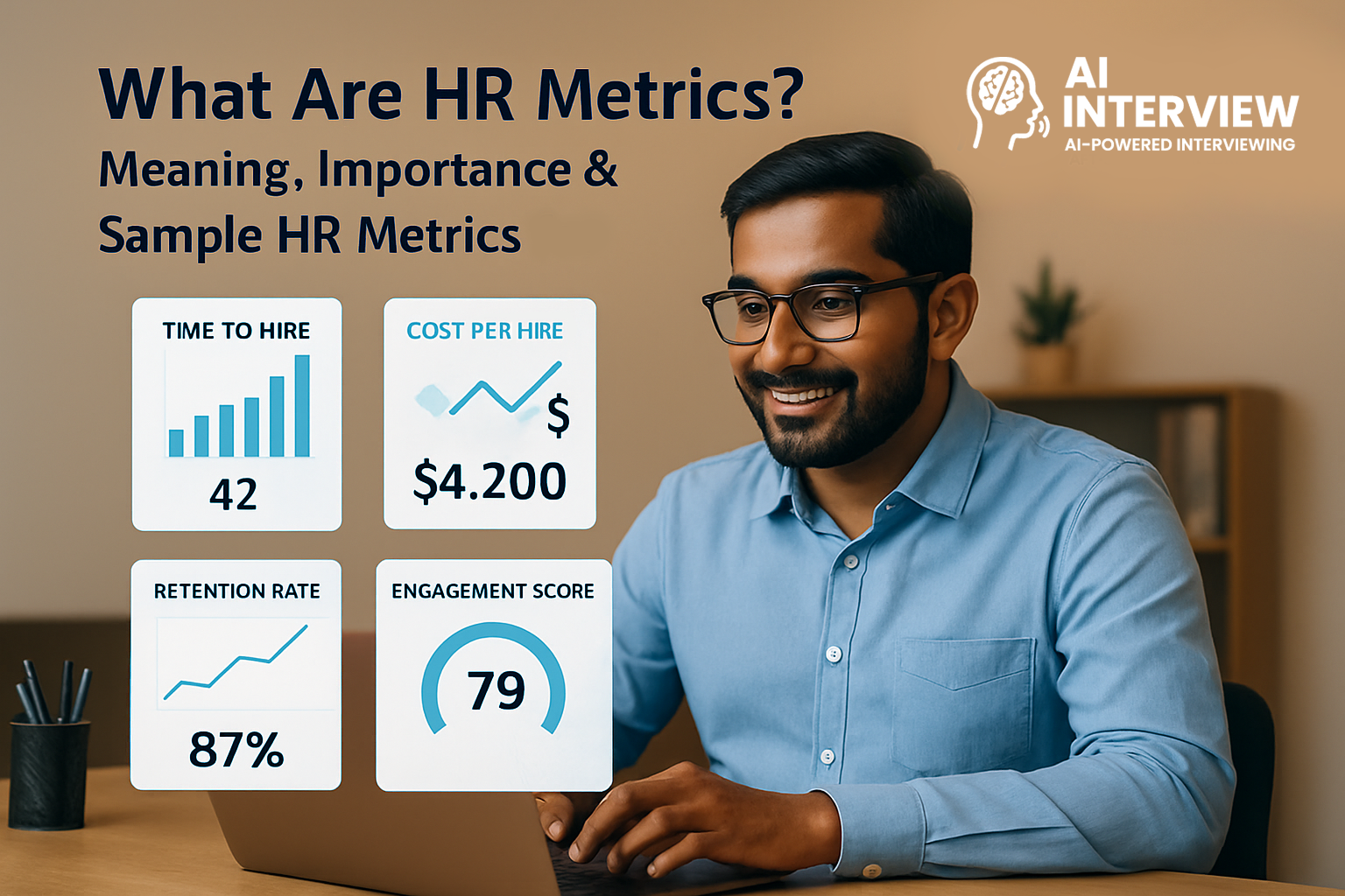 HR metrics visualization showing time-to-hire, cost per hire, retention rate, and engagement score being reviewed by an Indian HR manager at a desk.