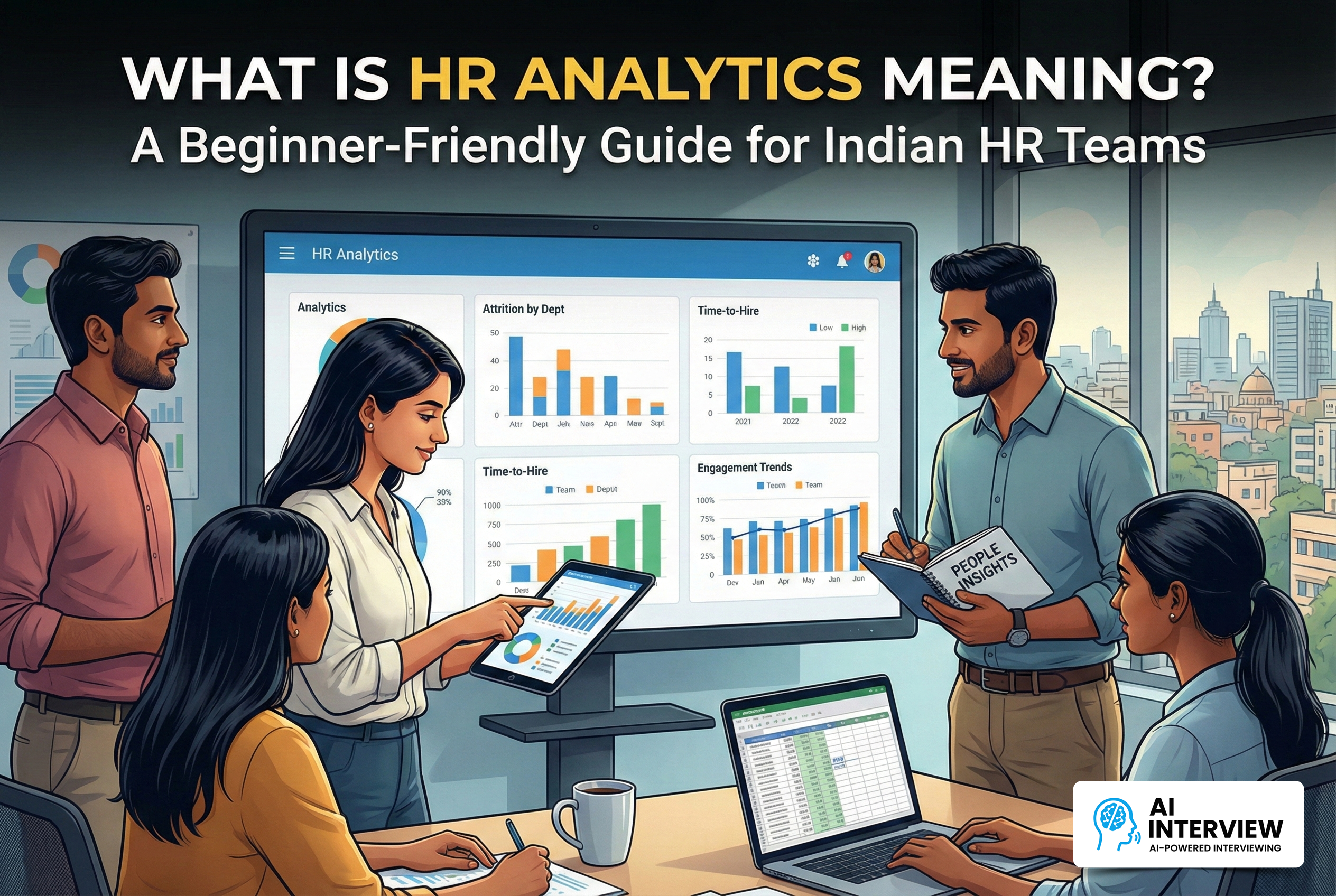What Is HR Analytics Meaning: Indian HR team analyzing charts, metrics, and dashboards to make data-driven HR decisions.