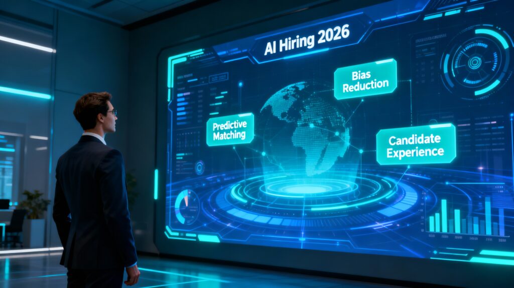 HR professional analyzing futuristic AI hiring dashboard displaying predictive matching, bias reduction, and candidate experience metrics in holographic interface with blue digital lighting