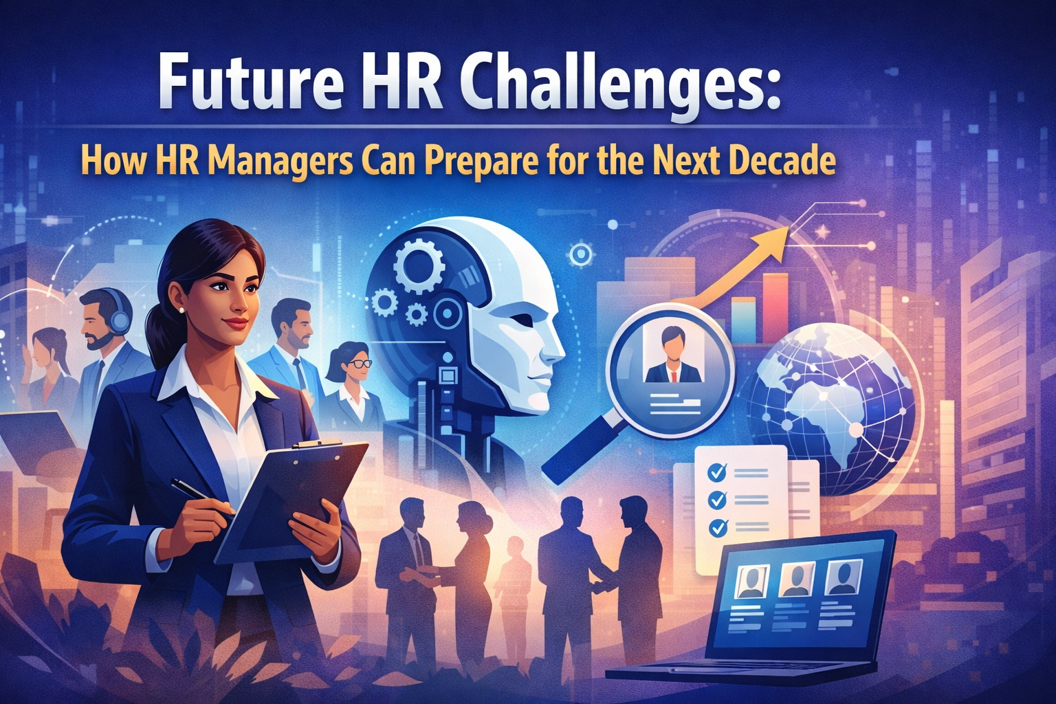 Future HR challenges showing an HR manager using AI-powered hiring tools, employee data analysis, and workforce planning to prepare for the next decade.