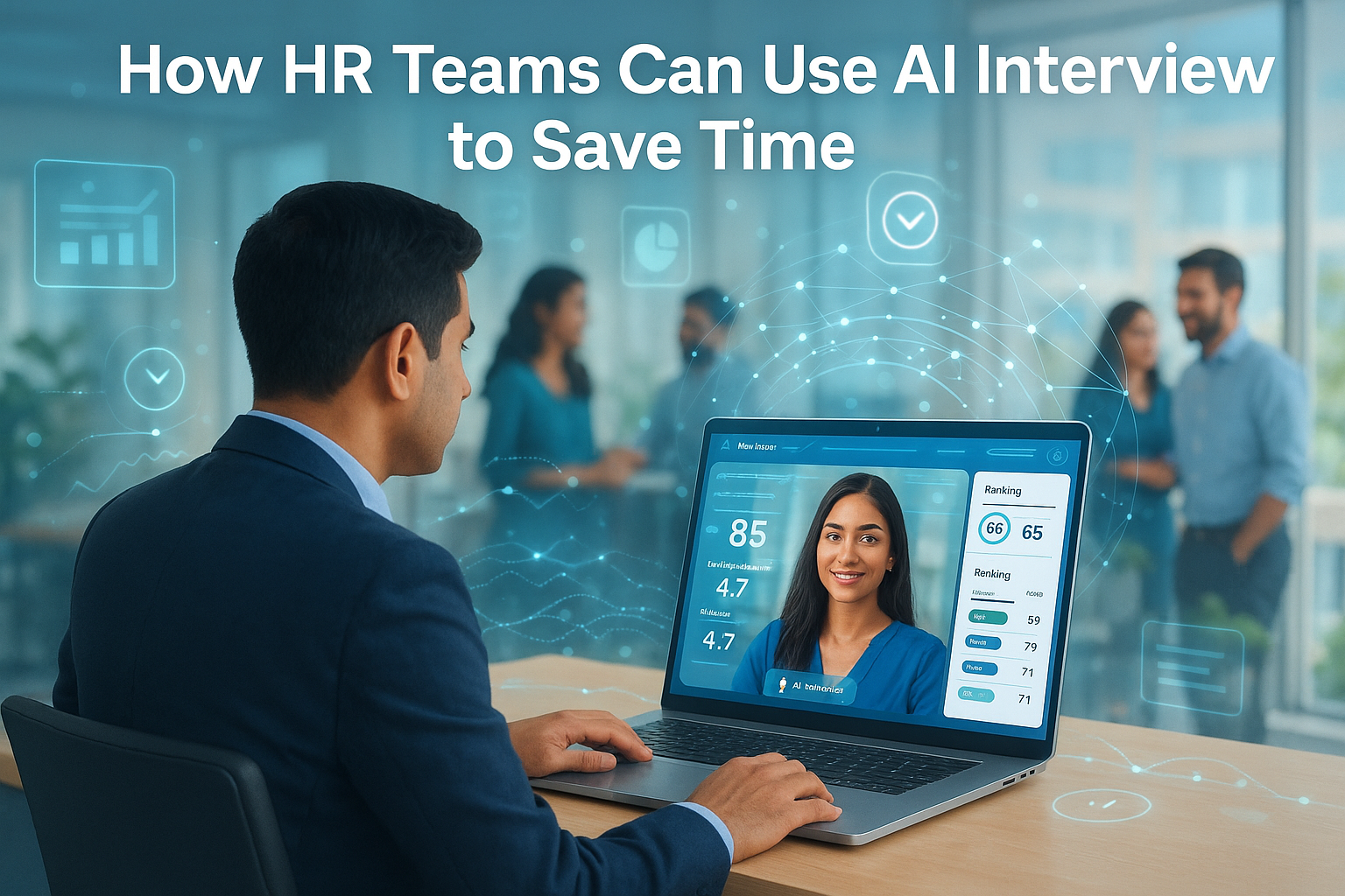 I interview questions, scorecards, and analytics; HR team collaborating in the background, demonstrating ai usage, ai interview practice, and ai in business automation.