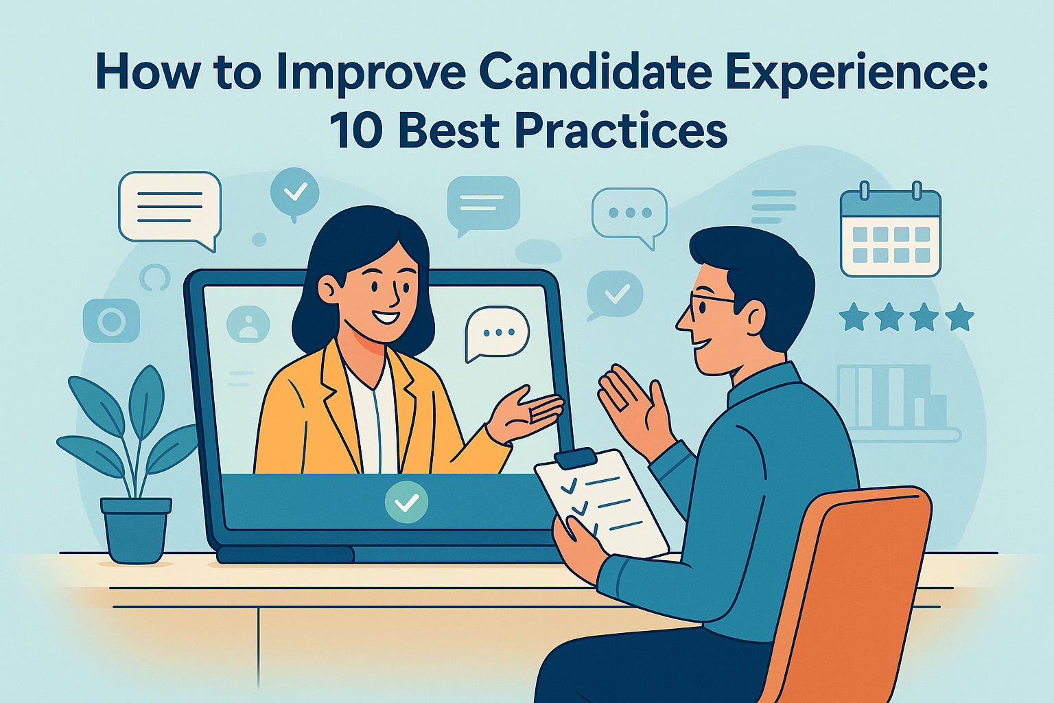 recruiter and a candidate interacting through a virtual interview on a laptop screen. Soft blue and teal tones, communication icons, calendar, checklist, and rating symbols surround the scene, representing a smooth and friendly candidate experience process.