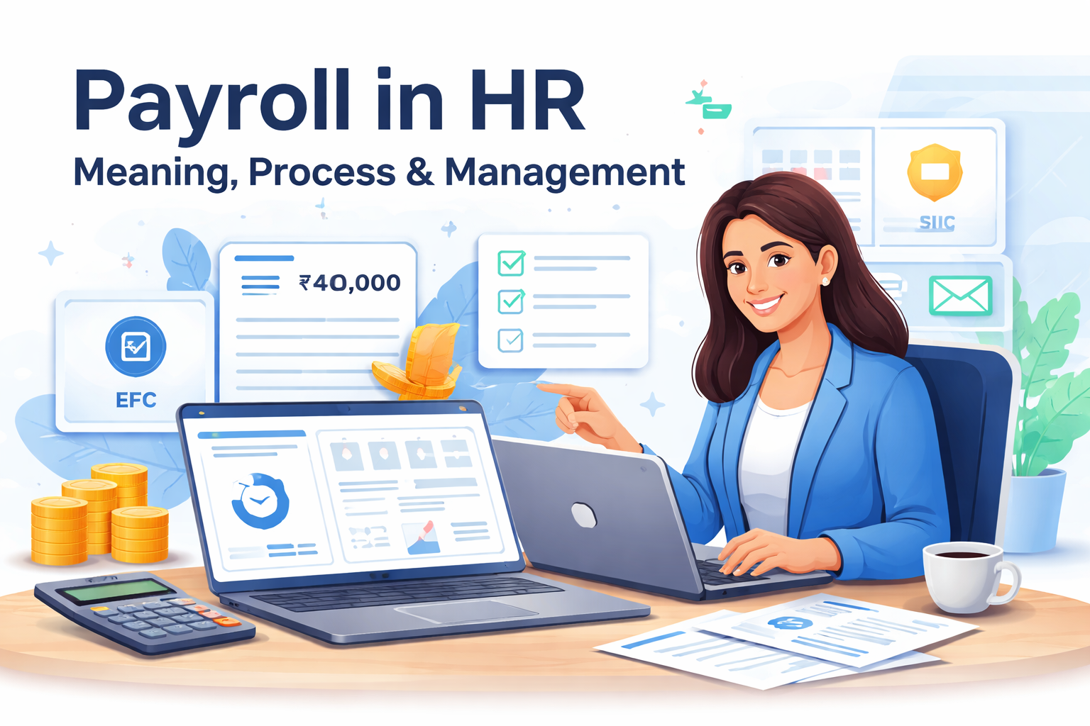 HR professional managing payroll on a laptop with salary slips, payroll dashboard, and compliance icons representing payroll in HR