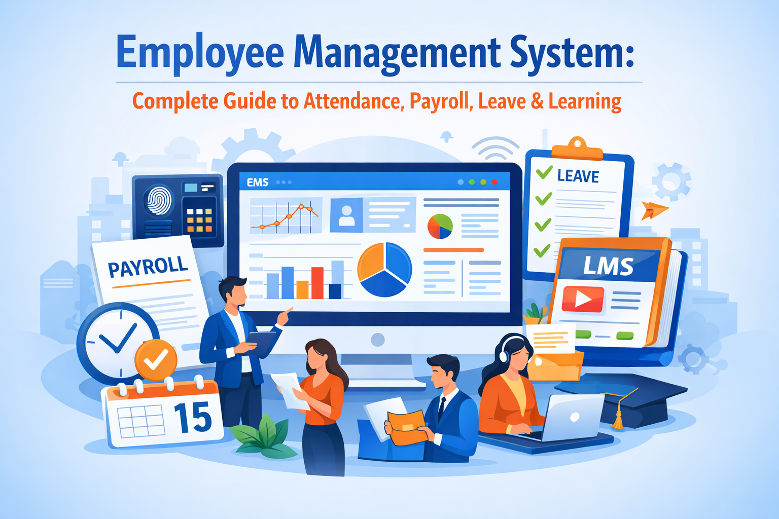 Employee management system dashboard showing attendance, payroll, leave and learning modules for Indian businesses