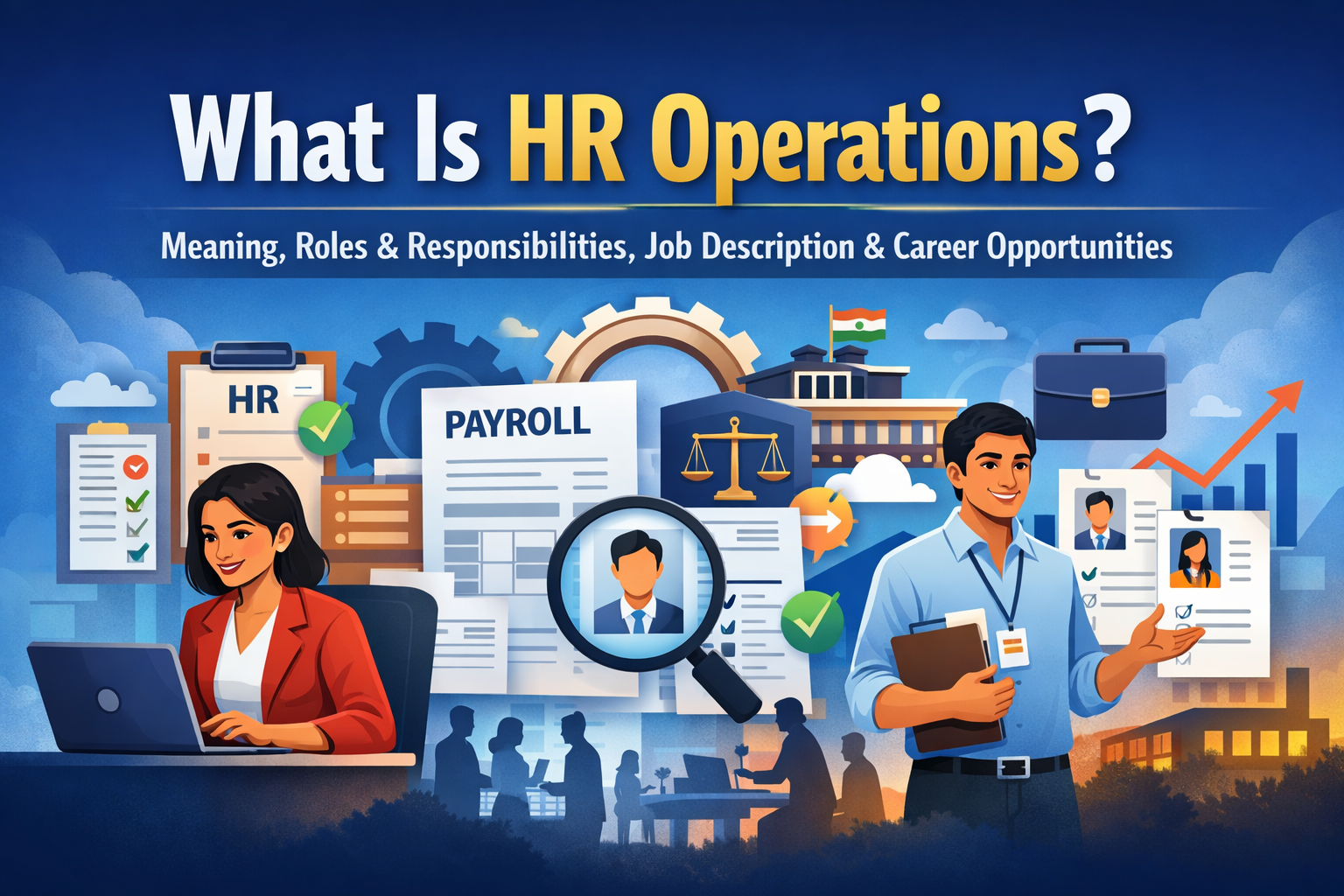 what is HR operations, showing HR operations meaning, payroll management, compliance, employee records, and HR career opportunities in a modern workplace
